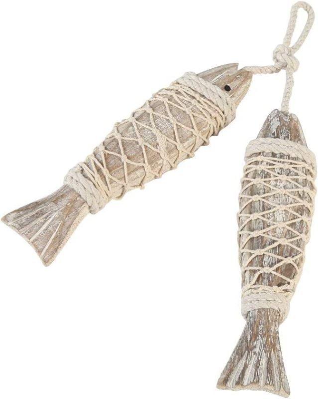 Photo 1 of 2 Pack Handmade Vintage Hanging Natural Wood Fish Decor, Antique Nautical Theme Ornament Wooden Indoor Wall Sculptures, Beach Theme Home Outdoor Fish Decorations for Home 2 Sets of Large
