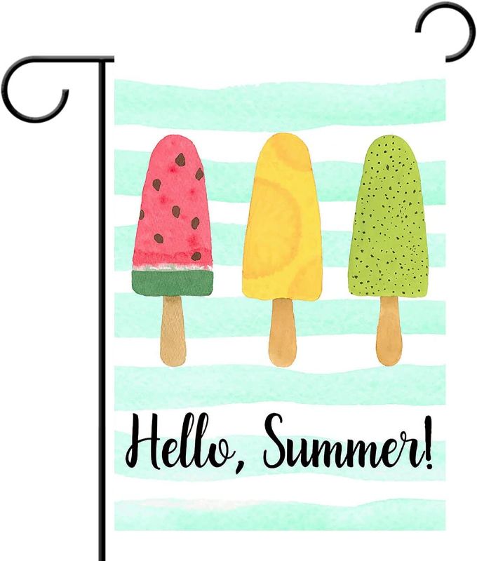 Photo 1 of  Hello Summer Popsicles and Ice Cream Blue Stripe Double Sided House Flag Garden Banner 28" x 40", Watermelon Pineapple Kiwi Fruit Popsicles Garden Flags for Anniversary Yard Outdoor Decoration
