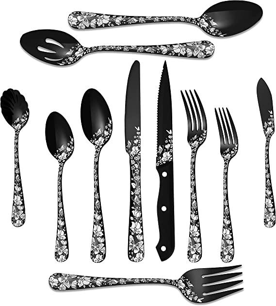 Photo 1 of 53-Piece Black Silverware Set with Serving Utensils, Stapava Black Flatware Set for 8, Stainless Steel Cutlery Tableware, Fork Spoon Knife Set, Butterfly Flower Design, Mirror Polish, Dishwasher Safe
