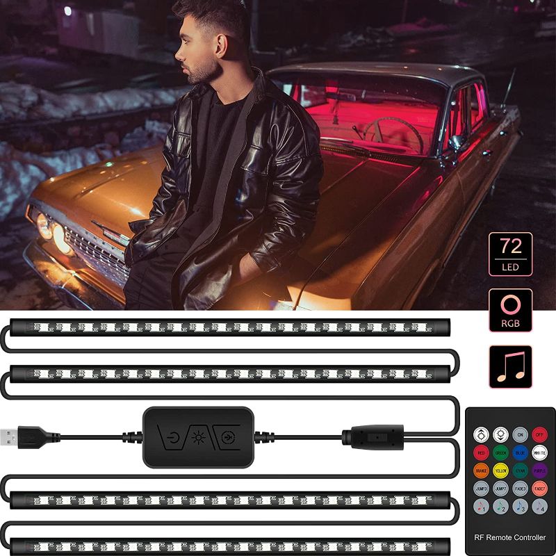 Photo 1 of AXELECT Car LED Strip Lights, 72 LED Neon Accent Interior Lights Neon Light Kits Multicolor Music Car Interior Lights Under Dash Lighting Kit with Sound Active Function and Remote Control, DC 12V