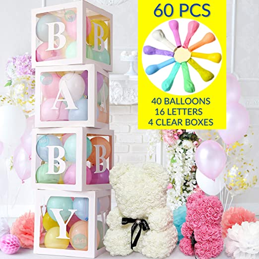 Photo 1 of Baby Shower Boxes Party Decorations - Premium Kit 60 Pieces, Boy or Girl, 4pcs White Transparent Boxes with letters BABY, Party Boxes Block for Baby Shower, Birthday Boxes Gender Reveal Party Supplies
