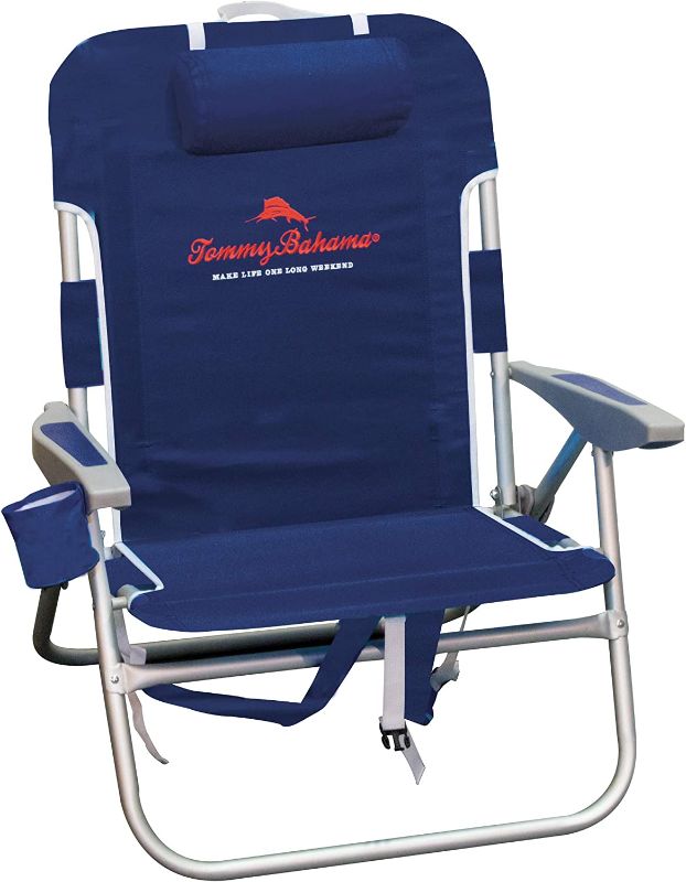 Photo 1 of Tommy Bahama Big Boy 4-Position Folding 13" High Seat Backpack Beach or Camping Chair, Navy
