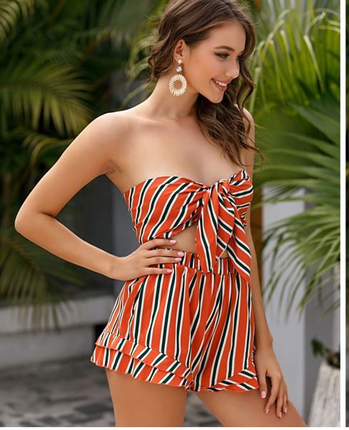 Photo 1 of  Womens Summer Two Piece Outfits Strapless Jumpsuits Rompers Striped Crop Top with Shorts Set medium 