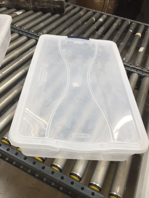 Photo 1 of 1 Rubbermaid Cleverstore 41 Quart Latching Stackable Storage Tote Clear----missing a latch 
