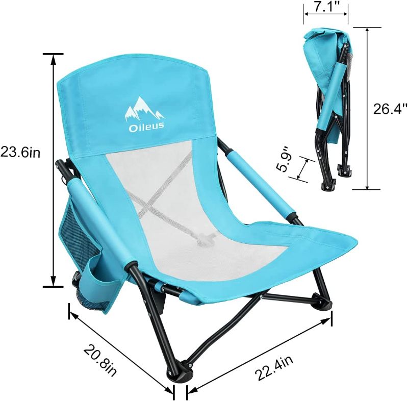 Photo 1 of 1--Oileus Low Beach Chair for Beach Tent & Shelter & Camping | Outdoor Ultralight Backpacking Folding Recliner Chairs with Cup Holder & Storage Bag, Carry Bag, Breeze Mesh Back, Compact Duty 