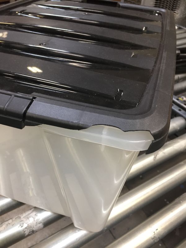 Photo 2 of 1---IRIS USA 53 Qt. Plastic Storage Tote, , Clear/Black, Bin Organizing Container with Durable Lid and Secure Latching Buckles, Clear & Black-----THERE IS SOME DAMAGE TO THE LID 