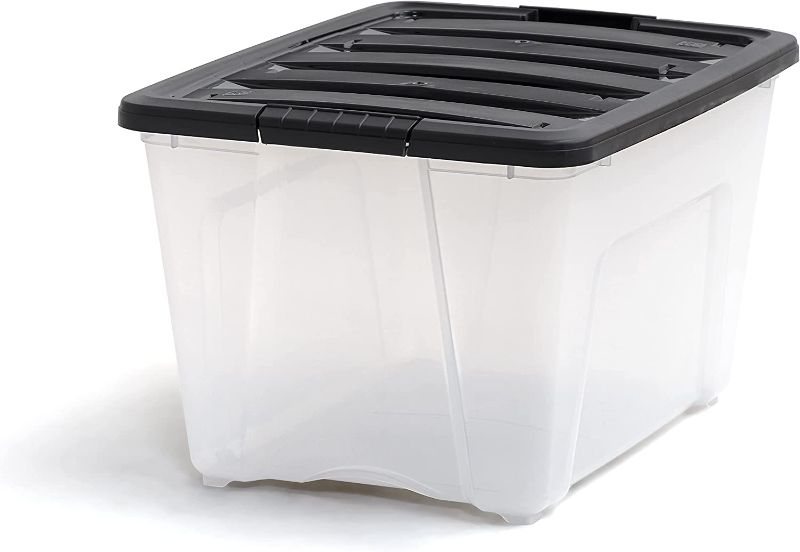 Photo 1 of 1---IRIS USA 53 Qt. Plastic Storage Tote, , Clear/Black, Bin Organizing Container with Durable Lid and Secure Latching Buckles, Clear & Black-----THERE IS SOME DAMAGE TO THE LID 