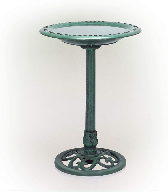 Photo 1 of Alpine Corporation 28" Tall Outdoor Birdbath with Scrollwork Decoration Yard Statue
