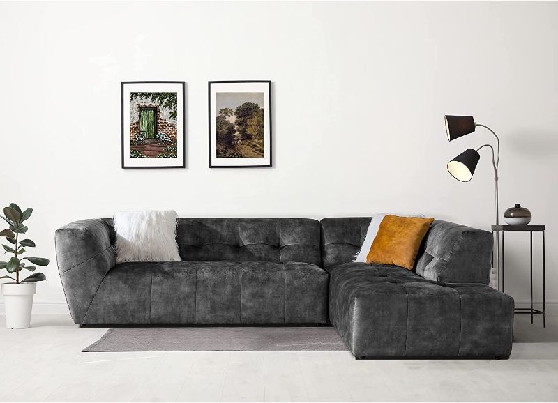 Photo 1 of Acanva Luxury Mid-Century Velvet Tufted Low Back Sofa Set L-Shape 2-Piece Living Room Couch, 113" W Right Hand Facing Sectional, Grey--------missing one piece i cropped and cut the piece that is in the box ---view pictures 
