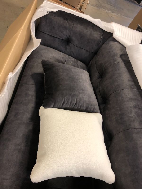 Photo 5 of Acanva Luxury Mid-Century Velvet Tufted Low Back Sofa Set L-Shape 2-Piece Living Room Couch, 113" W Right Hand Facing Sectional, Grey--------missing one piece i cropped and cut the piece that is in the box ---view pictures 
