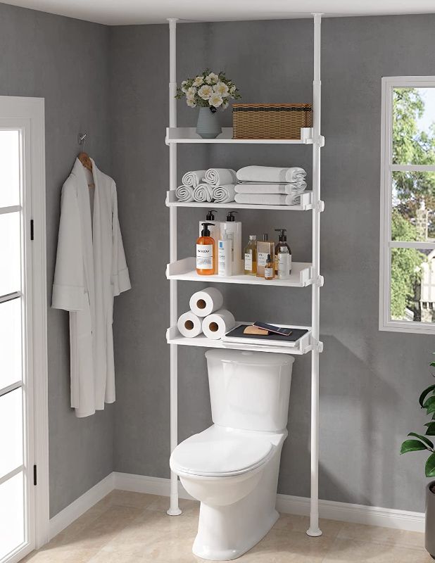 Photo 1 of ALLZONE Bathroom Organizer, Over The Toilet Storage, 4-Tier Adjustable Shelves for Small Rooms, Saver Space Rack, 92 to 116 Inch Tall, Wood Shelves,White
