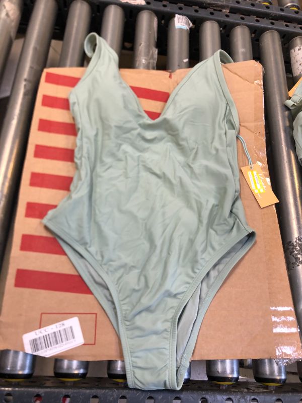 Photo 2 of  Women's V-Neck Over the Shoulder High Leg One Piece Swimsuit - Kona Sol Sage GREEN SIZE SMALL 