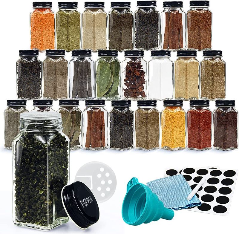 Photo 1 of 24 square spice jars, FuzeDa 4oz Empty Square Spice Bottles with Shaker Lids and Airtight Black Metal Caps, Condiment Pots, Chalk Marker, Silicone Collapsible Funnel, Cloth Included
