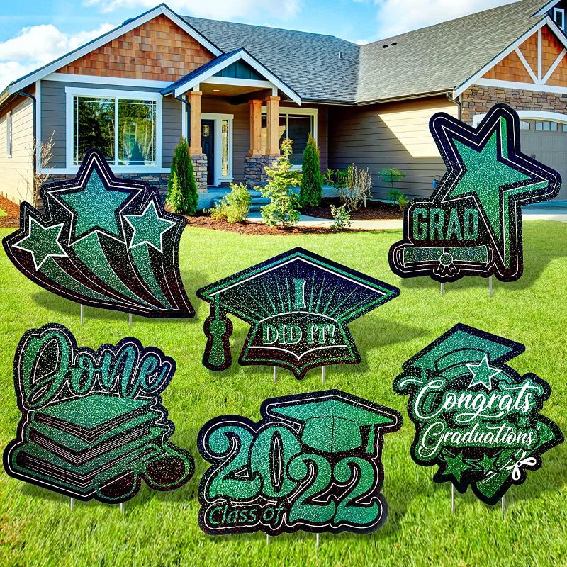 Photo 1 of 16 Inch 2022 Graduation Yard Sign Graduation Party Yard Signs with Stakes 6 Pcs Large Graduation Outdoor Lawn Decorations Graduation Party Yard Signs Rose Glitter Corrugated Yard Decoration (Green)
