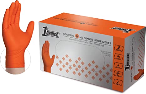 Photo 1 of 1st Choice Orange Nitrile Disposable Gloves, Raised Diamond Texture, Latex-Free, Food-Safe, Auto, Mechanic, Cleaning, SIZE: XL
