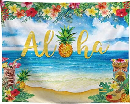 Photo 1 of Allenjoy 120x96inch Fabric Aloha Backdrop Luau Hawaiian Party Decorations Tropical Beach Leis Photo Booth Summer Birthday Banner Supplies Tiki Themed Photography Background for Adults Couple Kids
