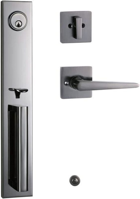 Photo 1 of 
HISAFE Front Door Handle Single Cylinder Modern Door Handle Sets with Deadbolt and Lever, Full Escutcheon, Pewter Finish X-MDHST2016PW-AMZ