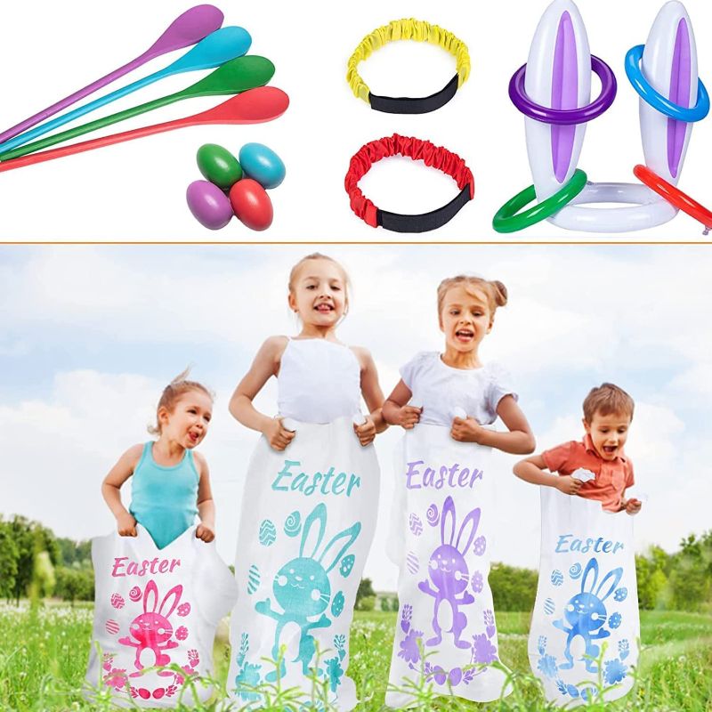 Photo 1 of 4 Players Easter Outdoor Party Games for kids and Family - Potato Sack Race Jumping Bags, Legged Relay Race Bands, Egg and Spoon Race and Inflatable Bunny Ring Toss Games - Easter Eggs Hunt, Easter Party Supplies
--FACTORY SEALED ---