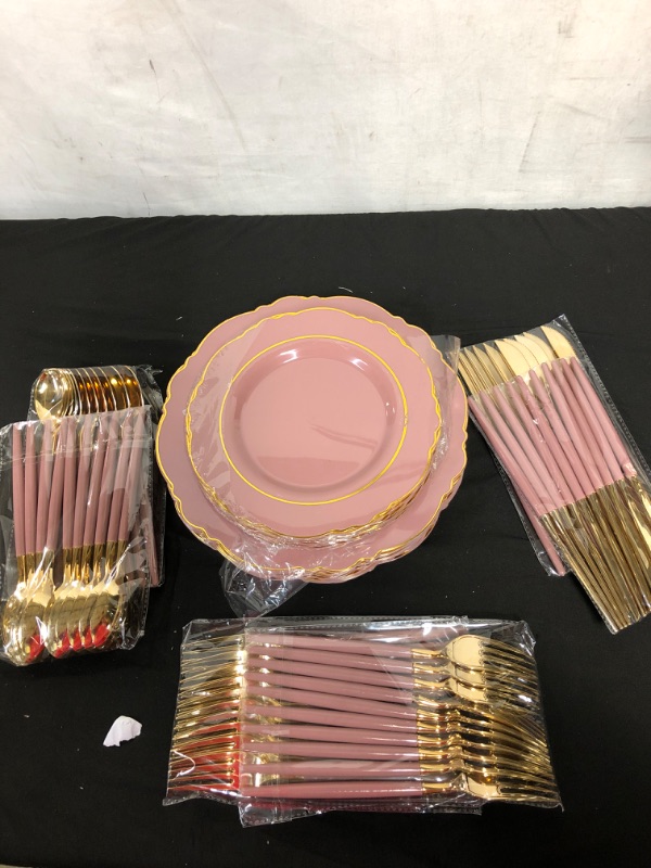 Photo 2 of 20 Guest Pink Plastic Plates & Gold Plastic Silverware With Pink Handle-Baroque Pink &Gold Plastic Dinnerware for Upscale Wedding &Parties, Mother's Day