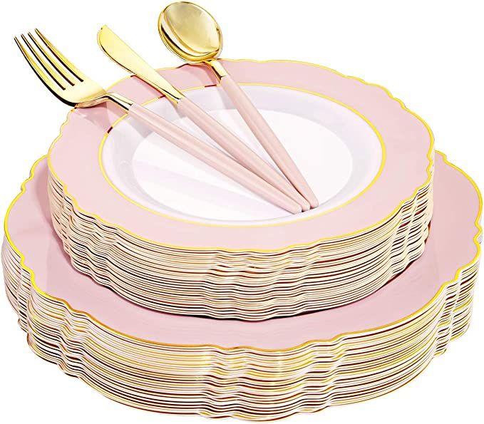 Photo 1 of 20 Guest Pink Plastic Plates & Gold Plastic Silverware With Pink Handle-Baroque Pink &Gold Plastic Dinnerware for Upscale Wedding &Parties, Mother's Day