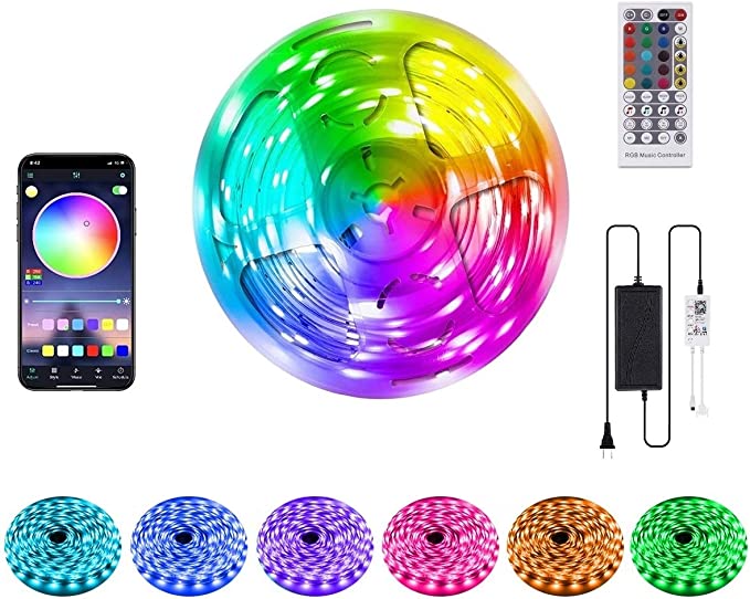 Photo 1 of Led New 50ft 15M Strip Lights, Music Sync Smart Bluetooth Controller Flexible Color Changing 5050 RGB Tape Light Strips with 44 Keys IR Remote and 24v Power Supply for Bedroom, Party, Home Decoration