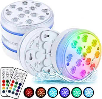 Photo 1 of Pool Lights, Submersible LED Light, Underwater Pond Lights with RF Remote 13 Bright Beads 16 RGB Color, Magnets, Suction Cups Battery Operated Shower Light for Pool, Pond, Party Decor (4Pack)