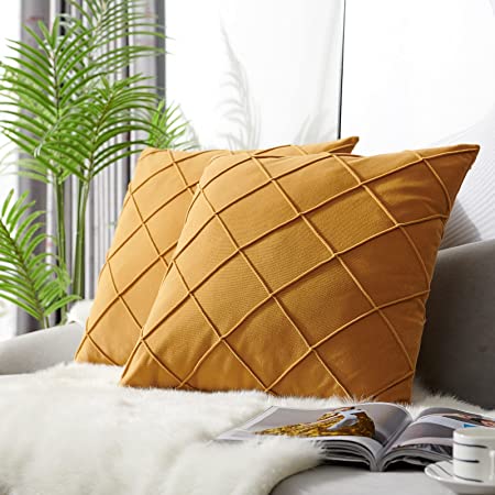 Photo 1 of BENLAN Throw Pillow Covers Luxurious Velvet Textured Lumbar Decorative Throw Pillow Covers, Set of 2 Yellow 20x20 Inch Geometric Pillow Covers Cushion Cases Soft Boho Pillow Covers Hidden Zipper