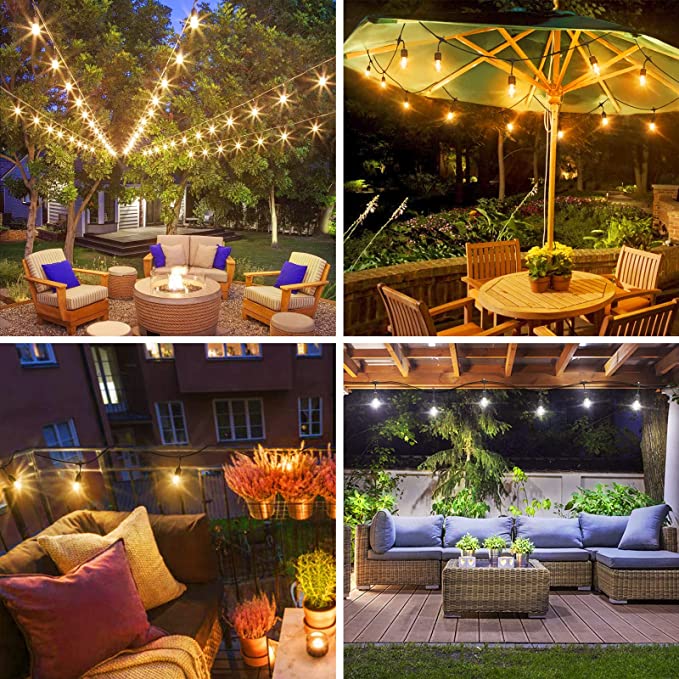 Photo 3 of 3 Colors Solar Outdoor String Lights with Remote, 48FT Dimmable Patio String Lights Waterproof, Shatterproof Solar Powered Light String, Daylight & Warm White Hanging Light for Café Yard
