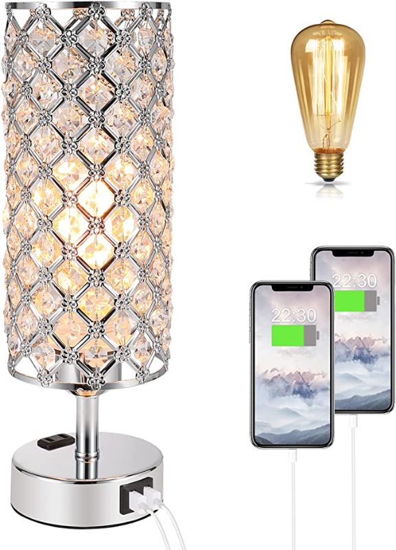 Photo 1 of Acaxin Touch Control Crystal Table Desk Lamp with Dual Fast Quick USB Charging Ports and AC Outlet, 3-Way Dimmable Bedside Light with Bulb, Nightstand Lamps for Bedroom, Guest Room-Silver
