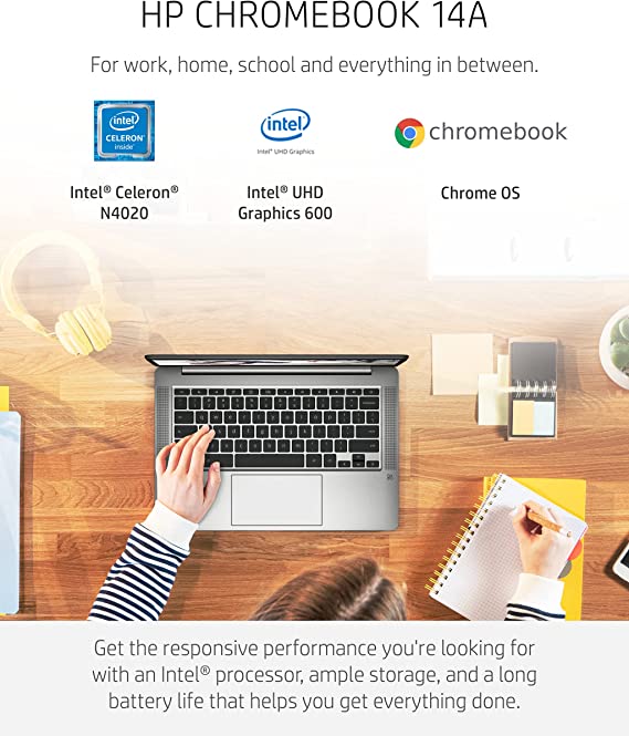 Photo 1 of HP Chromebook 14 Laptop, Intel Celeron N4020, 4 GB RAM, 32 GB eMMC, 14” HD Micro-Edge Display, Chrome OS, Thin & Portable, 4K Graphics, Backlit Ash Gray Keyboard (14a-na0024nr, 2021, Mineral Silver)
