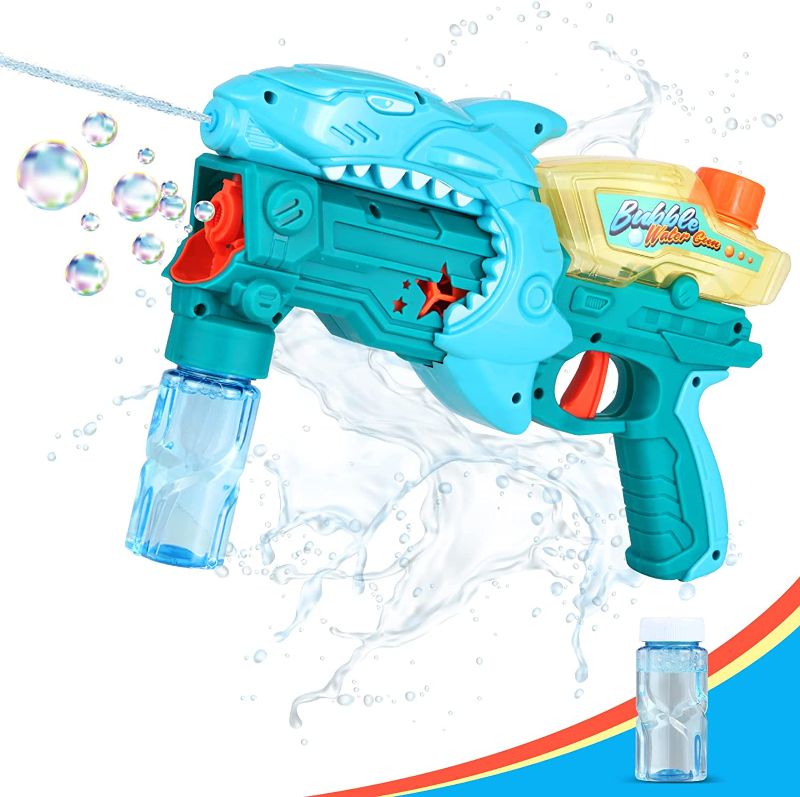 Photo 1 of 2 in 1 Bubble Gun and Water Gun, 2022 Newest Manual Bubble Maker & Water Gun for Pool Party, Beach, Outdoor Water Fighting, Easter, Summer Toys for Kids Boys Girls Above 3 Ages (Blue, Shark)
