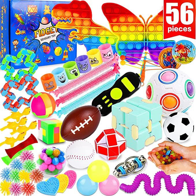 Photo 1 of 56 Pack) Fidget Sensory Toys, Party Favors Set, Classroom Treasure Box Chest Carnival Prizes Pinata Stuffer Pop Poppers Autism Stress Autistic Anxiety, Gift Bulk for Girls Boys Kids Teen Adults ADHD