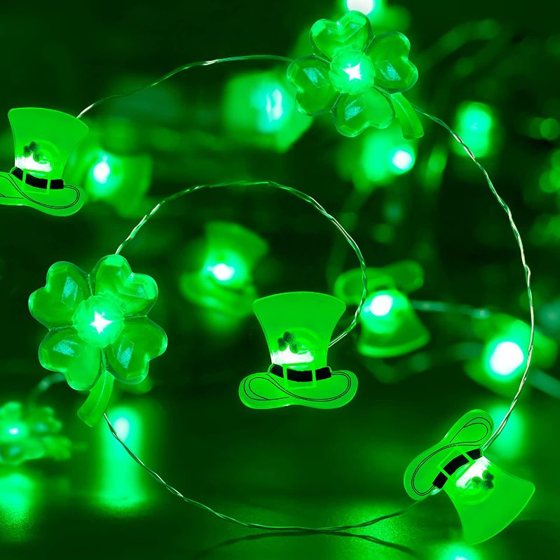 Photo 1 of 19.6Ft St. Patrick’s Day String Lights Decorations - 60LED Shamrock Hat Light Green Clover Garland Saint Patty Party Irish Outdoor Indoor Decor(Batteries & Remote Control &Timer Not Included )