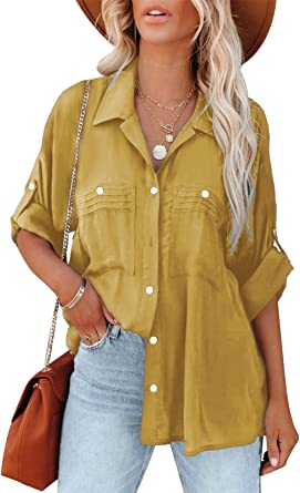 Photo 1 of Astylish Womens Casual Roll up Sleeve Lightweight Blouse Top Button Down Tunic Shirts with Pocket
