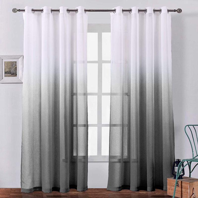 Photo 1 of BERMINO Faux Linen Ombre Sheer Curtains Voile Grommet Semi Sheer Curtains for Bedroom Living Room Set of 2 Curtain Panels 54 x 84 inch Black Gradient
