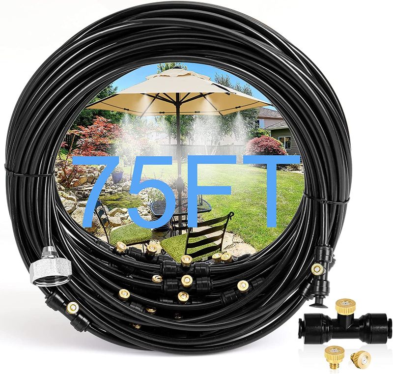 Photo 1 of Misters for Outside Patio, 75FT Misting Cooling System for Patio, 75FT (23M ) Misting Line+28 Mist Nozzles+3/4" Brass Adapter,Outdoor Mister System for Patio Garden Greenhouse Trampoline for waterpark
