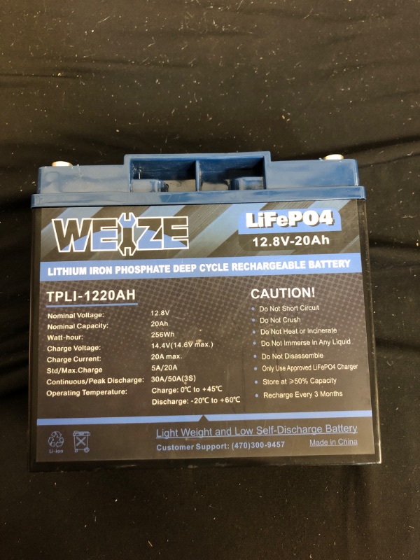 Photo 4 of Weize 12V 20Ah Lithium LiFePO4 Battery, 2000+ Deep Cycles, Smart BMS, Perfect for Riding Toys, Home Alarm, Backup UPS, Fire Security Systems, E-Scooters and Emergency Lighting