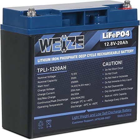 Photo 1 of Weize 12V 20Ah Lithium LiFePO4 Battery, 2000+ Deep Cycles, Smart BMS, Perfect for Riding Toys, Home Alarm, Backup UPS, Fire Security Systems, E-Scooters and Emergency Lighting