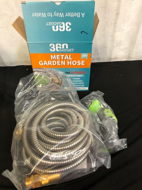 Photo 2 of 360Gadget Metal Garden Hose - 25ft Heavy Duty Stainless Steel Water Hose with 8 Function Sprayer & Metal Fittings, Flexible, Lightweight, No Kink, Puncture Proof Hose for Yard, Outdoors, Rv
