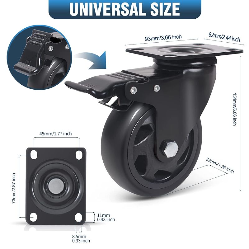 Photo 2 of 5 Inch Caster Wheels 1800lbs,4 Pack Heavy Duty Plate Casters with Double Ball Bearings,Premium Polyurethane Swivel Caster Wheels for Cart,Furniture,Workbench?16pcs Screws Included)…
