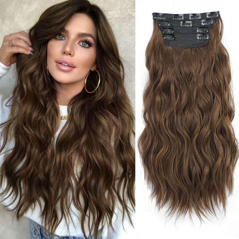 Photo 1 of Cisyia Brown Hair Extensions for Women Long Wavy Hair Clips in Synthetic Hair 20 Inches Thick Hairpiece for Women Girls Daily Use
