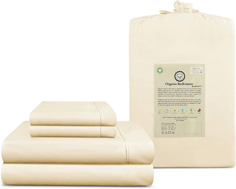 Photo 1 of 100% Organic Cotton 300 Thread Count King Sheet Set 4 Piece Natural | Sateen Weave | GOTS Certified | Soft Silky Shiny| Luxury Finish | Fits Upto 16" Deep Pocket Mattress | Sustainable - by ZECOTT
