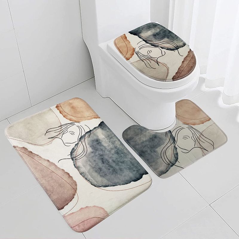 Photo 1 of Bath Rugs 3 Pieces, Bathroom Rug Set Soft Absorbent, Bathroom Rugs and Bath Mats Sets Non-Slip, Bathroom Rugs Easy to Clean, Includes Toilet Lid Cover and Bathroom Mats, U-Shaped Contour Toilet Rug, FACTROY SEALED 
