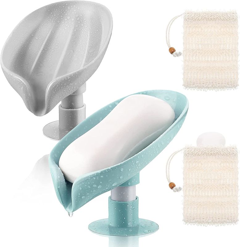 Photo 1 of 2 Pieces Soap Dish Holder Self Draining Soap Holders Leaf Shape Holders Dish Soap with Suction Cup 2 Pieces Sisal Soap Bags Saver for Bathroom Shower Kitchen (Grey, Mint Green), 2 COUNT 