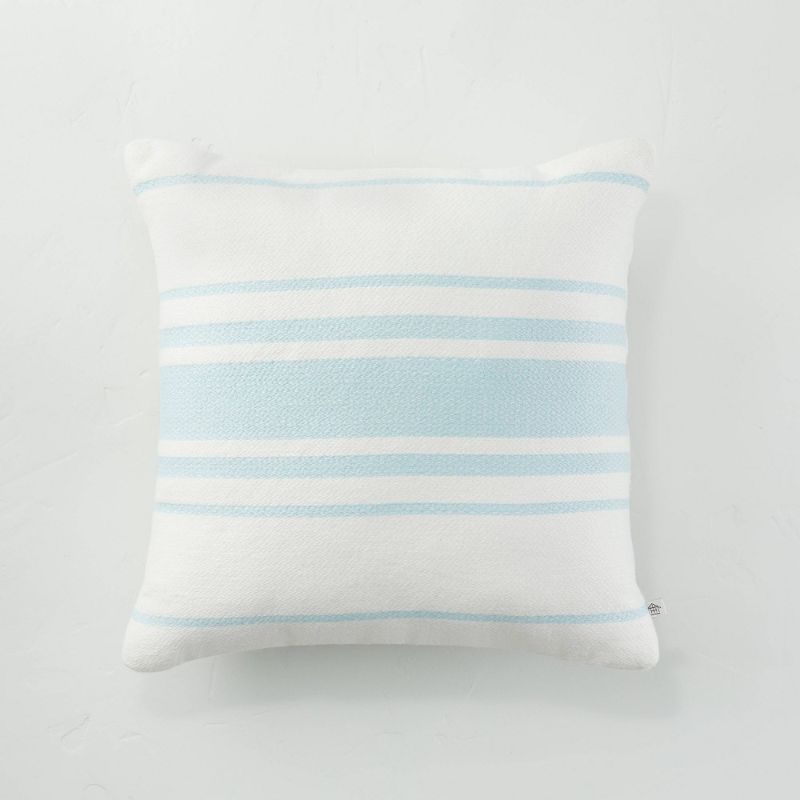 Photo 1 of 18" X 18" Variegated Stripe Indoor/Outdoor Square Throw Pillow /Cream - Hearth & Hand™ with Magnolia
