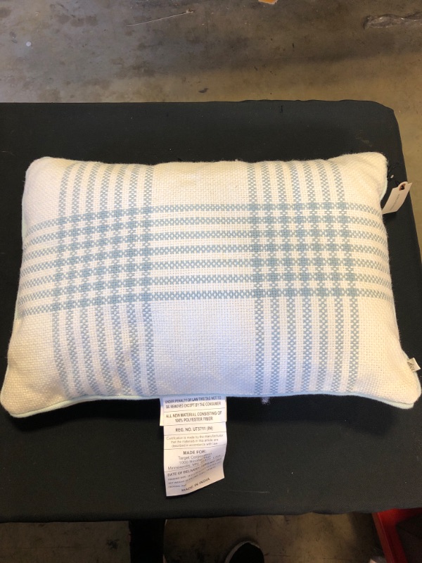 Photo 2 of 14" X 20" Plaid Indoor/Outdoor Lumbar Throw Pillow /Cream - Hearth & Hand™ with Magnolia (DAMAGED, BACK OF THE PILLOW HAS PULLED THREAD)