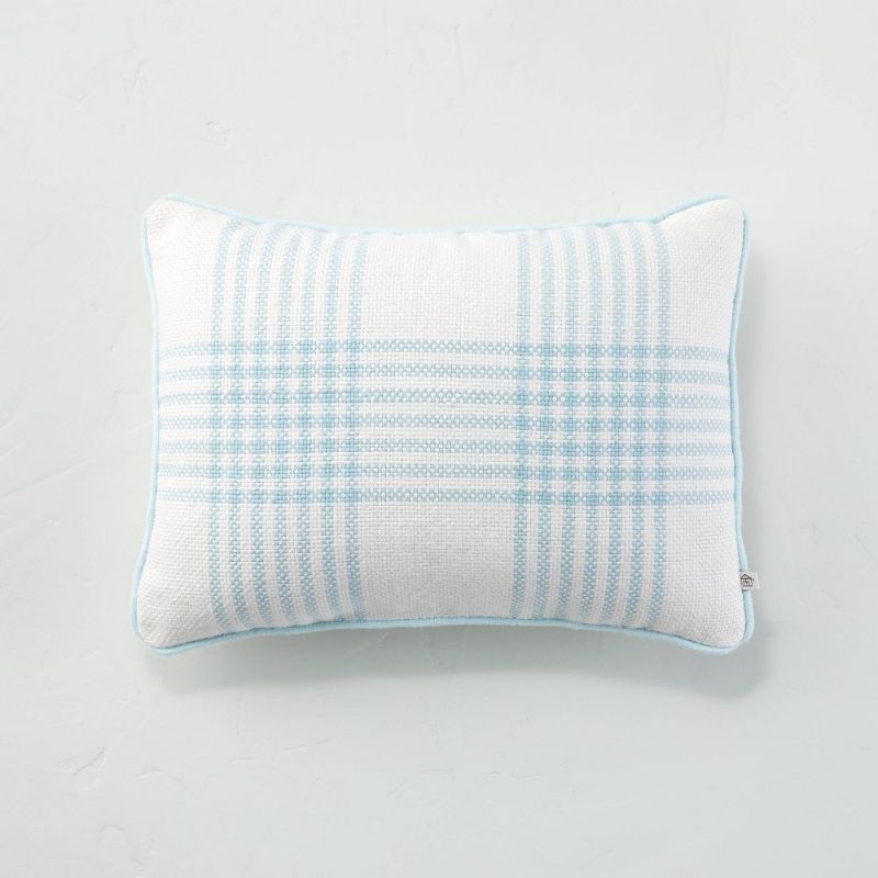Photo 1 of 14" X 20" Plaid Indoor/Outdoor Lumbar Throw Pillow /Cream - Hearth & Hand™ with Magnolia (DAMAGED, BACK OF THE PILLOW HAS PULLED THREAD)