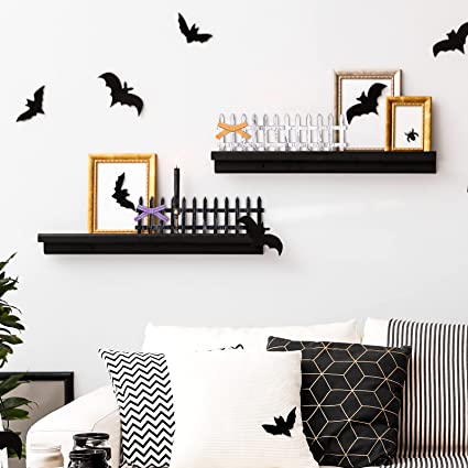 Photo 1 of 2 Pieces Halloween Wooden Tiered Tray Ornaments White Black Halloween Mini Picket Fence Decors Rustic Farmhouse Wood Fence Signs with Bows Spider Webs for Halloween Party Home Decorations 2 COUNT