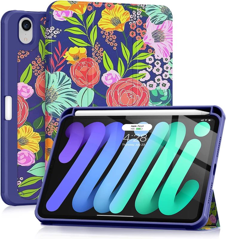Photo 1 of Supveco Slim Case for iPad Mini 6 2021 (8.3 Inch) - [Built-in Pencil Holder] Shockproof Cover Hard Back Shell, Auto Wake/Sleep for iPad Mini 6th Generation, Floral Blossom