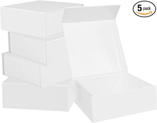 Photo 1 of 4x4x1.6 inch Small White Collapsible Gift Box with Lid 5 Pack, Little Magnetic Favor Box Empty Hard Cardboard Jewelry Box